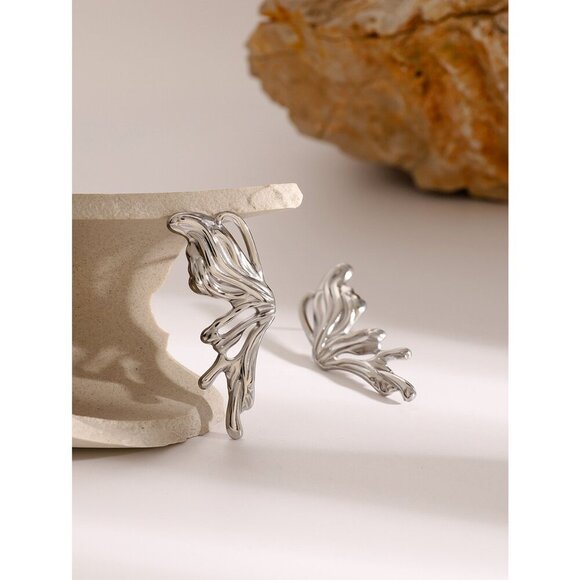 Kim Silver-Tone Asymmetrical Butterfly Earrings - Stainless Steel Earrings - Picture 6 of 10